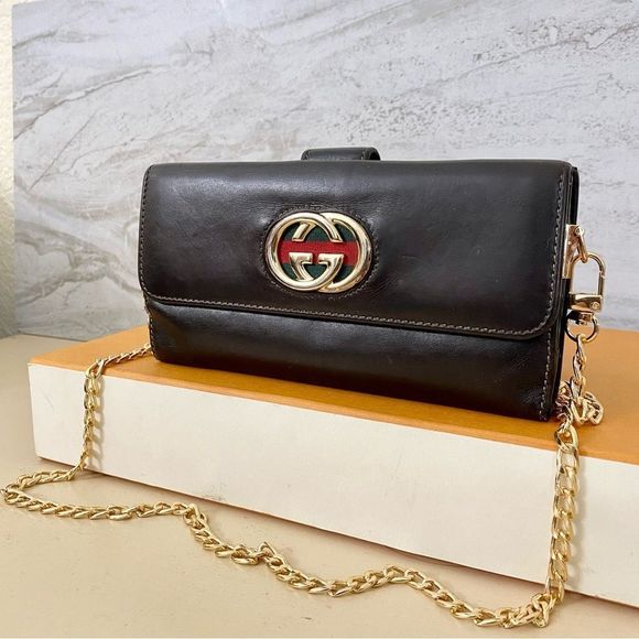 Gucci Handbags - GUCCI GG Logo Leather Wallet-Crossbody Bag 💼 Brown